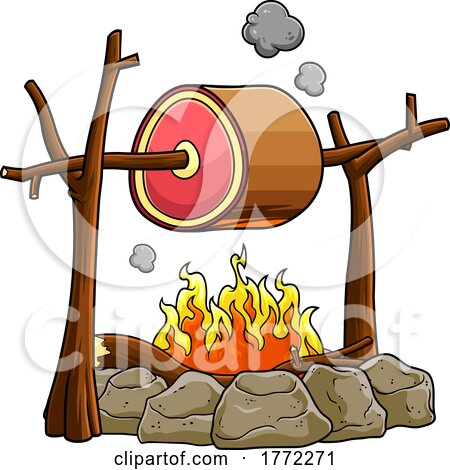 Cartoon Meat Cooking over a Campfire by Hit Toon