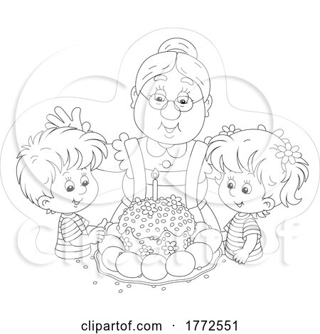 Cartoon Black and White Granny and Children with an Easter Cake by Alex Bannykh
