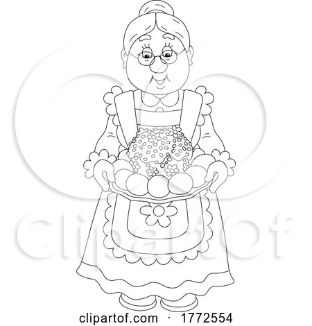 Cartoon Black and White Granny with an Easter Cake by Alex Bannykh
