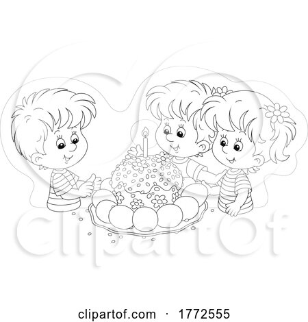 Cartoon Black and White Children with an Easter Cake by Alex Bannykh