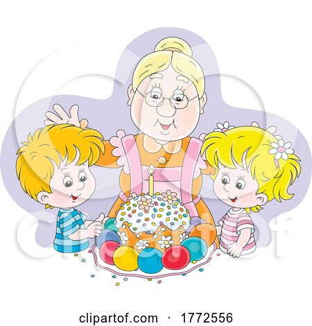 Cartoon Granny and Children with an Easter Cake by Alex Bannykh
