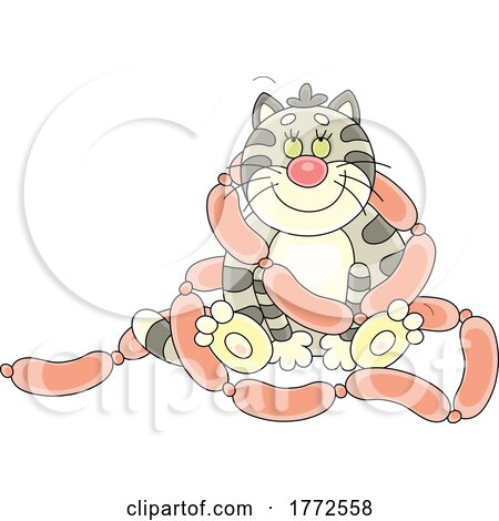 Cartoon Happy Cat Draped in Sausage Links by Alex Bannykh