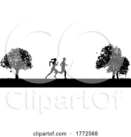 Silhouette Runners or Joggers Running in the Park by AtStockIllustration