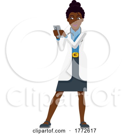 Black Doctor Woman Mobile Phone Cartoon Character by AtStockIllustration