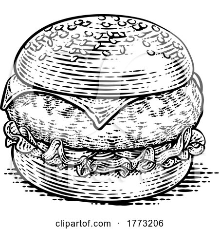 Burger Hamburger Vintage Woodcut Illustration by AtStockIllustration
