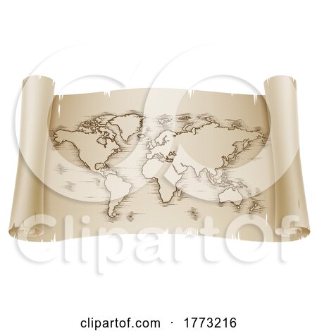World Map Drawing Old Woodcut Engraved Scroll by AtStockIllustration