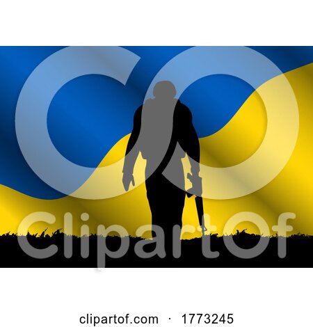 Silhouette of a Soldier on Ukraine Flag Background by KJ Pargeter