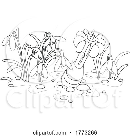 Cartoon Black and White Missile in the Ground and Snowdrop Flowers by Alex Bannykh