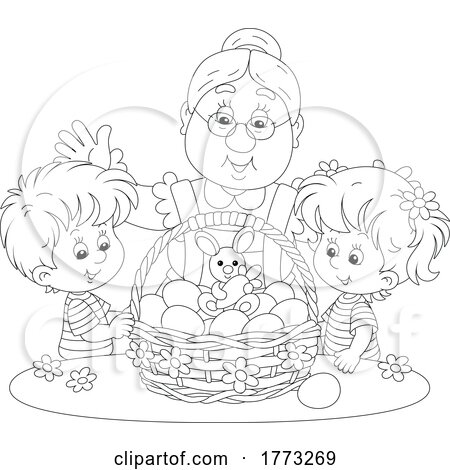 Cartoon Black and White Grandmother and Children with a Basket of Easter Eggs by Alex Bannykh