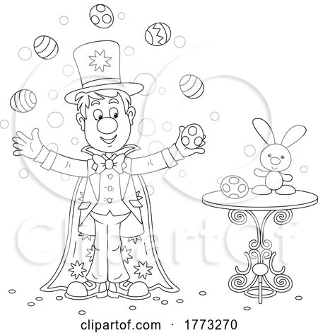 Cartoon Black and White Magician Juggling Easter Eggs by Alex Bannykh
