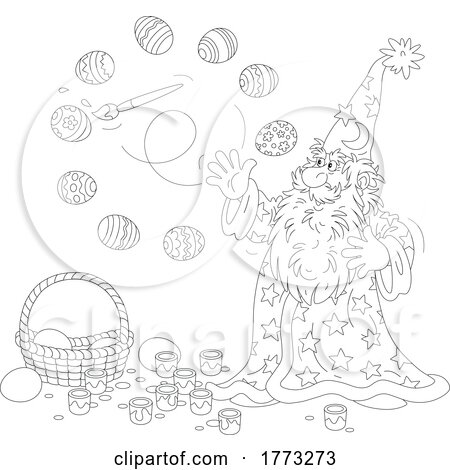 Cartoon Black and White Easter Wizard Painting Eggs with Magic by Alex Bannykh