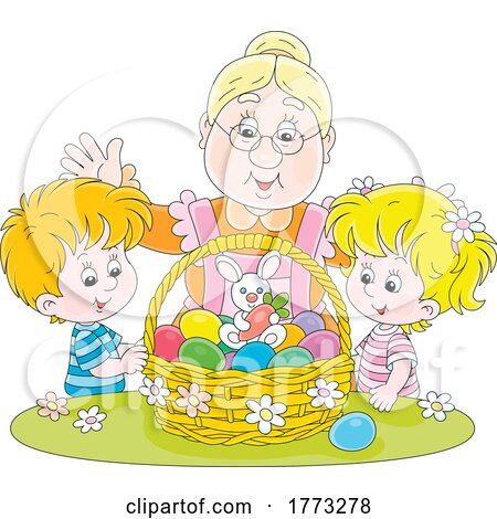 Cartoon Grandmother and Children with a Basket of Easter Eggs by Alex Bannykh