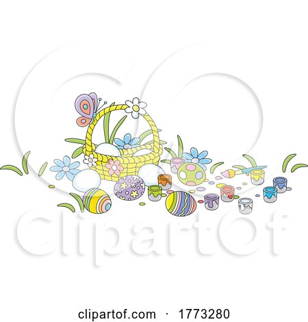 Cartoon Easter Basket with Paint and Some Decorated Eggs by Alex Bannykh