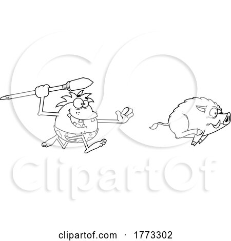 Cartoon Black and White Caveman Hunting a Boar by Hit Toon