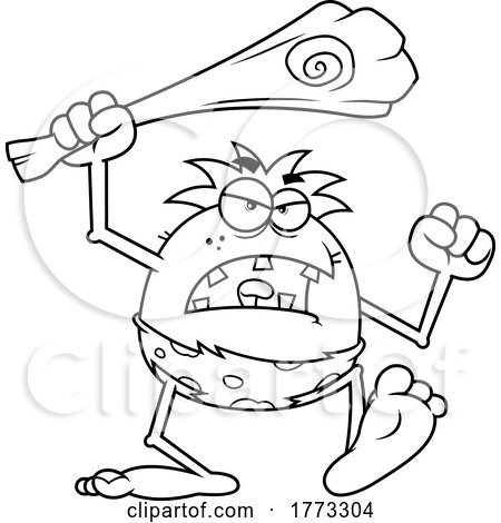 Cartoon Black and White Caveman Waving a Fist and Club by Hit Toon