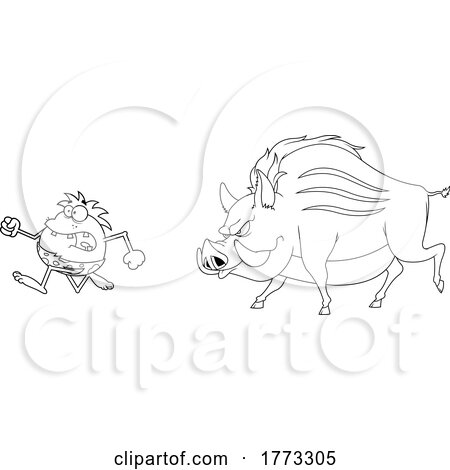 Cartoon Black and White Caveman Hunter Being Chased by a Giant Boar by Hit Toon