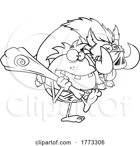 Cartoon Black and White Caveman Hunter Carrying a Boar by Hit Toon
