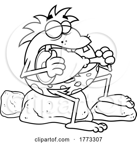 Cartoon Black and White Caveman Eating a Drumstick by Hit Toon