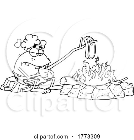 Cartoon Black and White Cave Woman Cooking a Steak over a Fire by Hit Toon