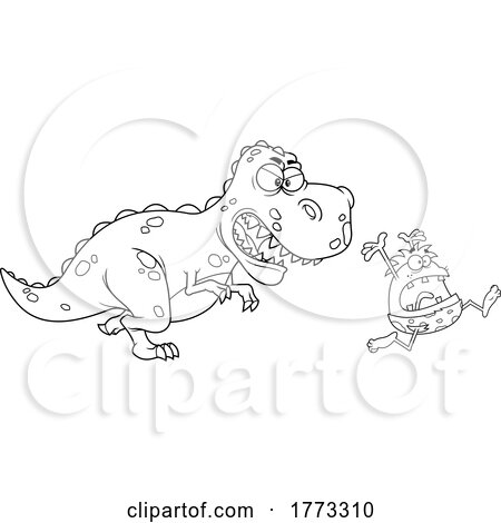 Cartoon Black and White Caveman Running from a Dinosaur by Hit Toon