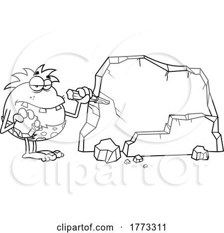 Cartoon Black and White Caveman Chiseling on a Rock by Hit Toon