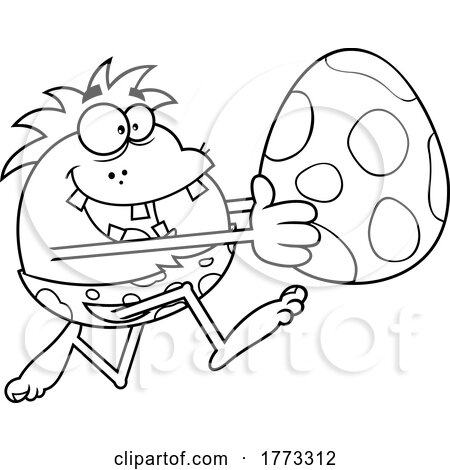 Cartoon Black and White Caveman Running with a Dinosaur Egg by Hit Toon