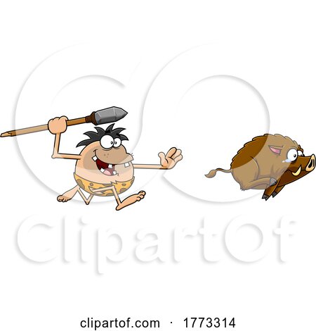 Cartoon Caveman Hunting a Boar by Hit Toon