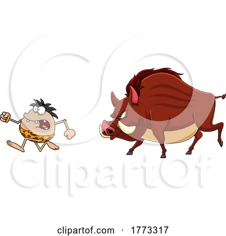 Cartoon Caveman Hunter Being Chased by a Giant Boar by Hit Toon