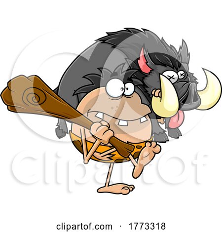 Cartoon Caveman Hunter Carrying a Boar by Hit Toon