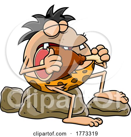 Cartoon Caveman Eating a Drumstick by Hit Toon