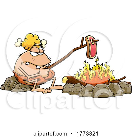 Cartoon Cave Woman Cooking a Steak over a Fire by Hit Toon