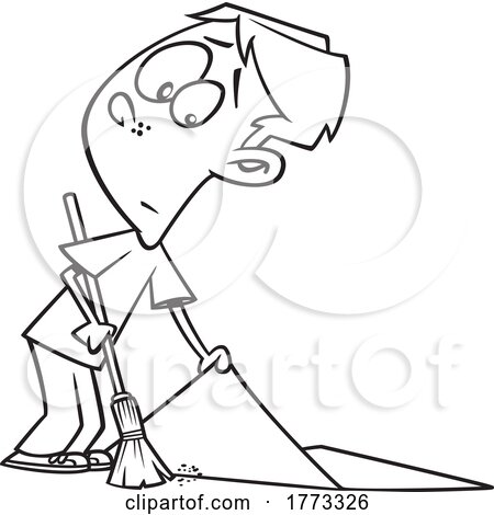Cartoon Black and White Boy Sweeping Things Under the Rug by toonaday