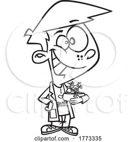 Cartoon Black and White Biology Boy Holding a Plant by toonaday