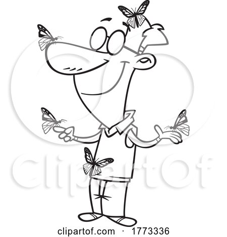 Cartoon Black and White Butterfly Whisperer Man by toonaday