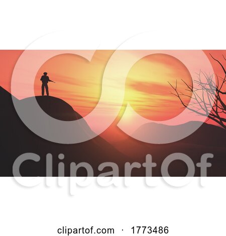 3D Landscape with Silhouette of Soldier Standing Guard on Hilltop Against a Sunset Sky by KJ Pargeter