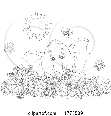Cartoon Black and White Elephant with Flowers Butterflies and Sunshine by Alex Bannykh