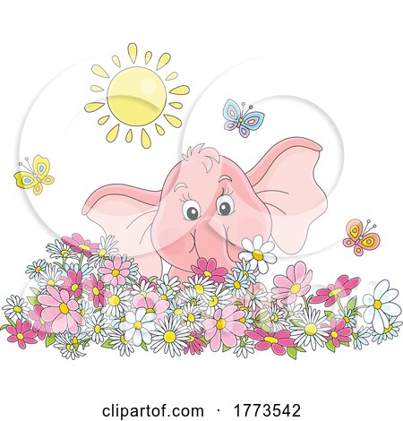 Cartoon Pink Baby Elephant with Flowers Butterflies and Sunshine by Alex Bannykh
