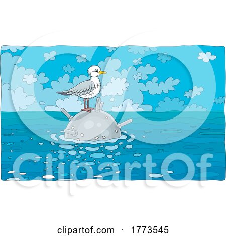 Cartoon Seagull on a Floating Ocean Mine Bomb by Alex Bannykh