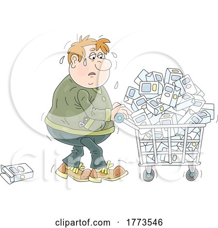 Cartoon Chubby Man Sweating and Pushing a Cart of Food by Alex Bannykh