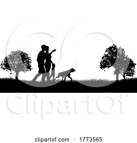 Silhouette Family People Walking Dog Park Outdoors by AtStockIllustration