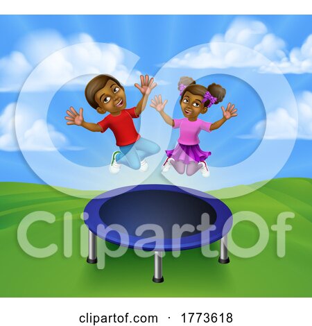Kids Jumping on a Round Cartoon Trampoline by AtStockIllustration