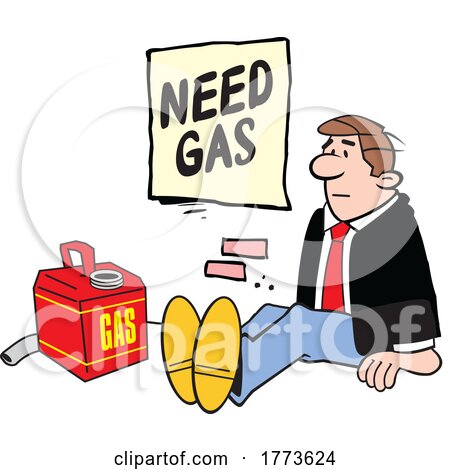 Cartoon Man Sitting with a Need Gas Sign and Can by Johnny Sajem