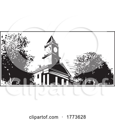 Woodcut Style Building with Clock Tower by xunantunich