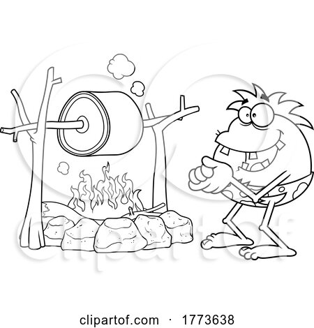 Cartoon Black and White Hungry Drooling Caveman Cooking Meat over a Fire by Hit Toon