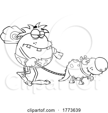 Cartoon Black and White Caveman Walking a Pet Dinosaur by Hit Toon