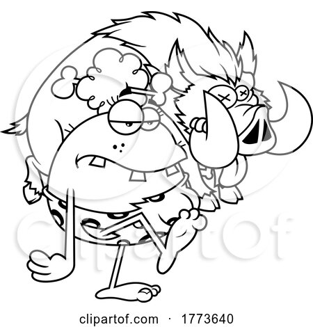 Cartoon Black and White Cavewoman Hunter Carrying a Dead Boar by Hit Toon