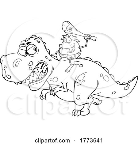 Cartoon Black and White Caveman Riding a Pet Dinosaur by Hit Toon