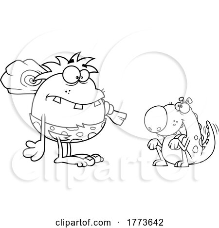 Cartoon Black and White Caveman and Begging Pet Dinosaur by Hit Toon