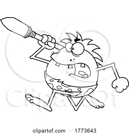 Cartoon Black and White Caveman Throwing a Hunting Spear by Hit Toon