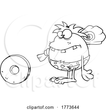 Cartoon Black and White Caveman Looking at a Wheel by Hit Toon